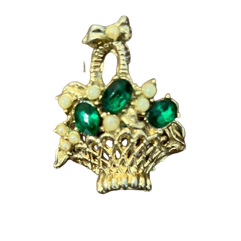 Vintage CORO Gold Tone Basket Brooch with Green toned Gems and faux pearl accent